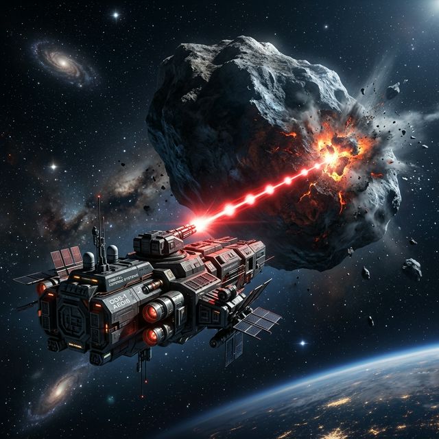 Orbital Defense satellite firing lasers at incoming asteroids