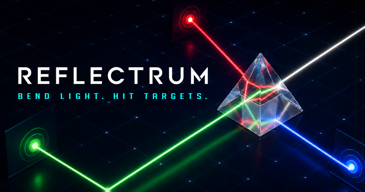 Reflectrum: Bend Light. Hit Targets. A crystal routes coloured beams across a dark optical grid.