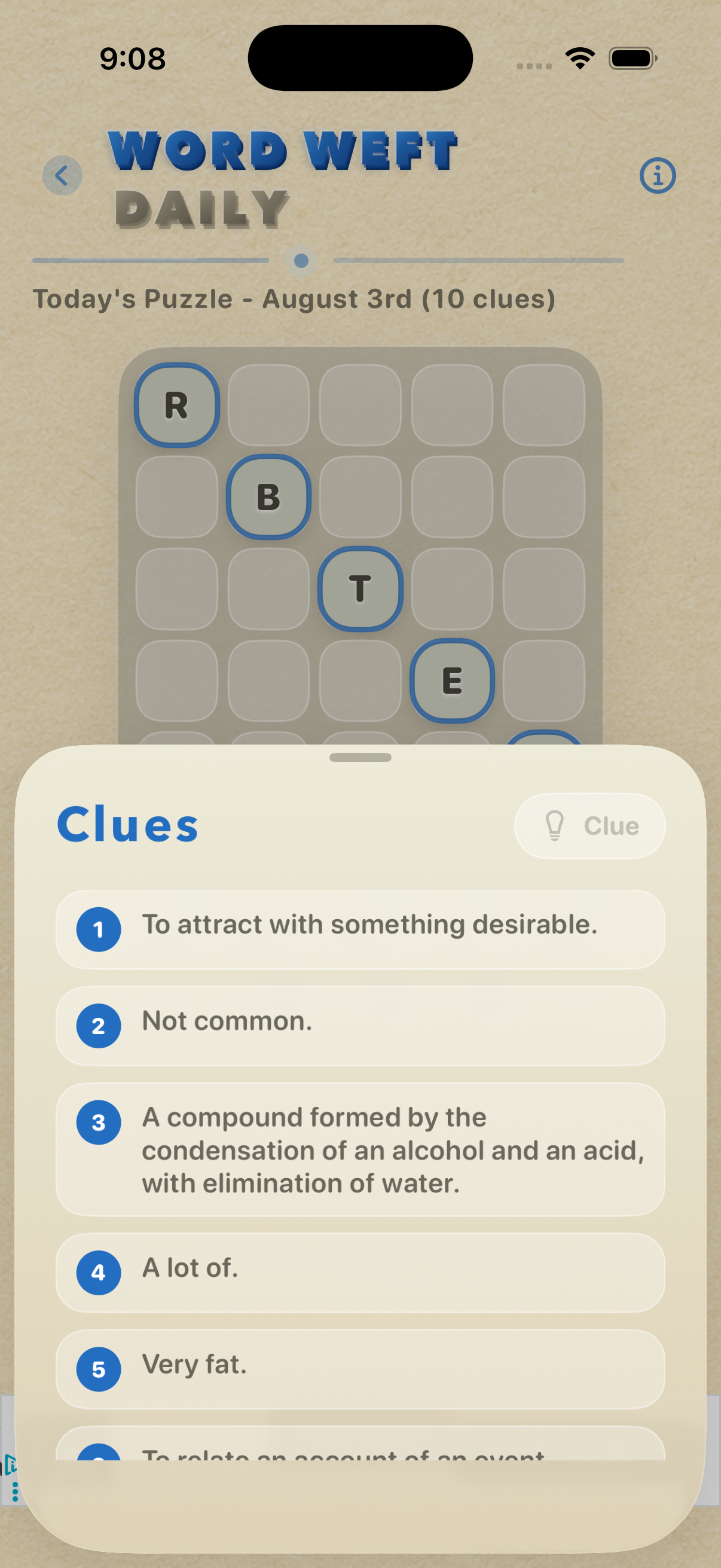 Word Weft clues for the words in a puzzle
